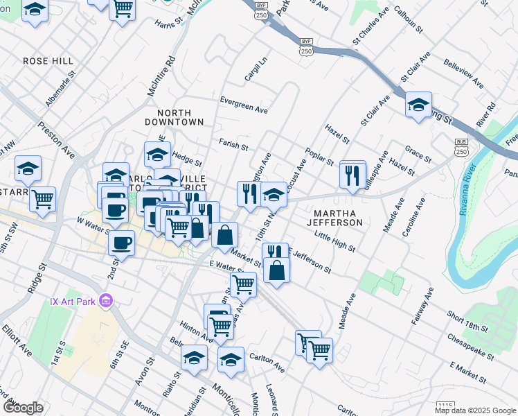 map of restaurants, bars, coffee shops, grocery stores, and more near 912 East High Street in Charlottesville