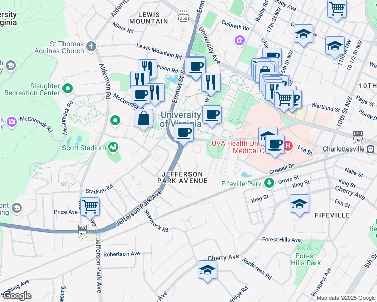 map of restaurants, bars, coffee shops, grocery stores, and more near 106 Oakhurst Circle in Charlottesville