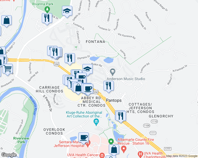 map of restaurants, bars, coffee shops, grocery stores, and more near 1539 Montessori Terrace in Charlottesville