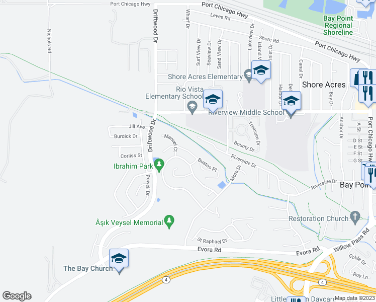 map of restaurants, bars, coffee shops, grocery stores, and more near 316 Rosemarie Place in Bay Point