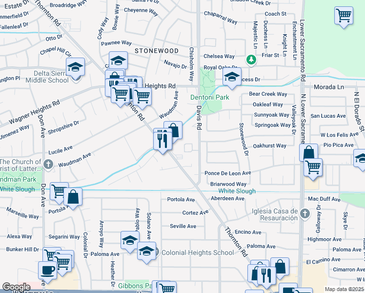 map of restaurants, bars, coffee shops, grocery stores, and more near 8900 Thornton Road in Stockton