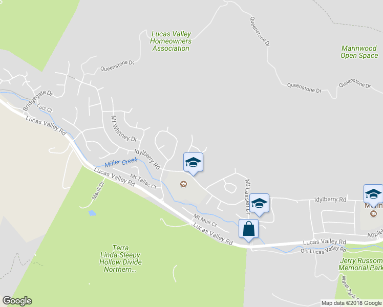 map of restaurants, bars, coffee shops, grocery stores, and more near 76 Pikes Peak Drive in San Rafael