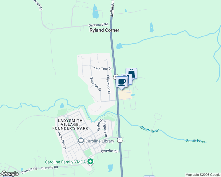 map of restaurants, bars, coffee shops, grocery stores, and more near 2511 Edgewood Drive in Ruther Glen