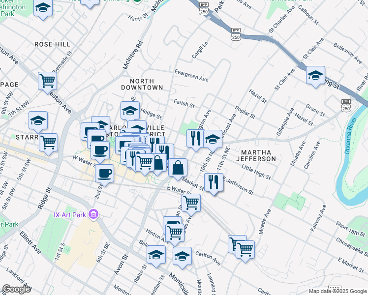 map of restaurants, bars, coffee shops, grocery stores, and more near in Charlottesville