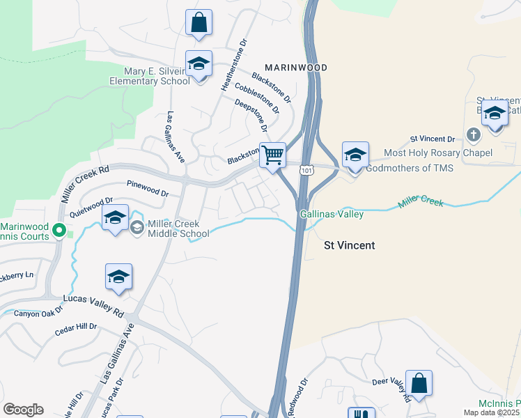 map of restaurants, bars, coffee shops, grocery stores, and more near 94 Grande Paseo in San Rafael