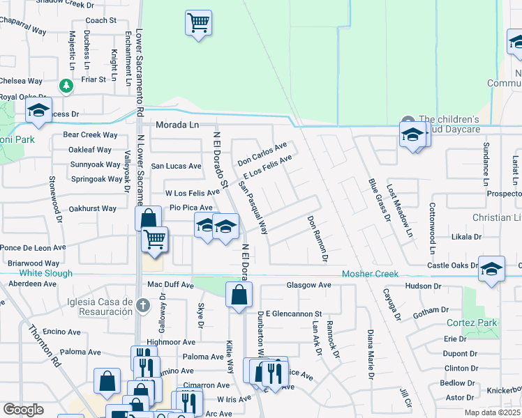 map of restaurants, bars, coffee shops, grocery stores, and more near 8735 San Pasqual Way in Stockton