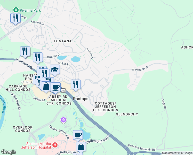 map of restaurants, bars, coffee shops, grocery stores, and more near Pantops Mountain Road in Charlottesville