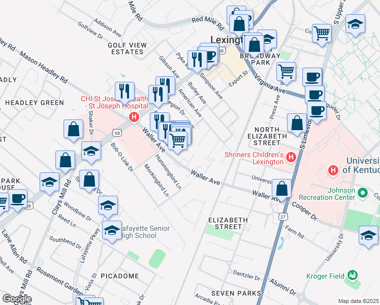 map of restaurants, bars, coffee shops, grocery stores, and more near 1349 Royalty Court in Lexington