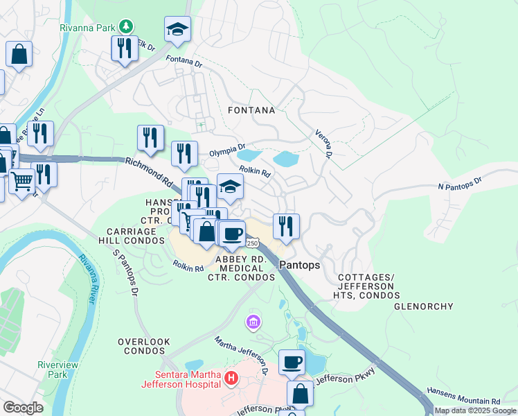 map of restaurants, bars, coffee shops, grocery stores, and more near 1543 Montessori Terrace in Charlottesville