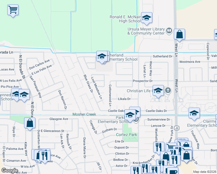map of restaurants, bars, coffee shops, grocery stores, and more near 8947 Cottonwood Lane in Stockton