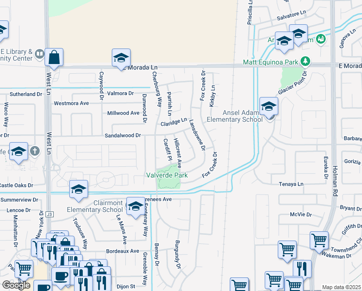 map of restaurants, bars, coffee shops, grocery stores, and more near 8926 Hillcrest Avenue in Stockton