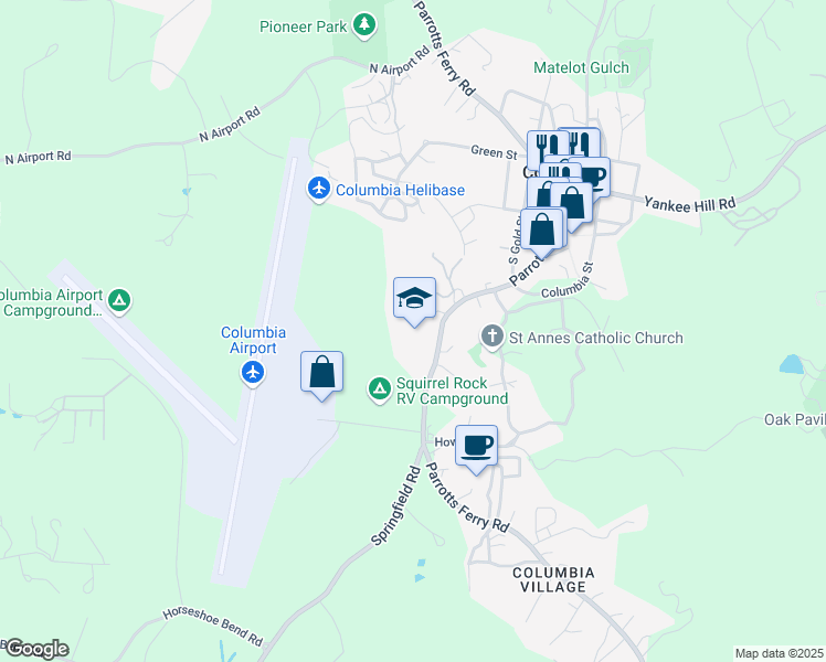 map of restaurants, bars, coffee shops, grocery stores, and more near 22540 Parrotts Ferry Road in Columbia