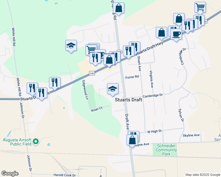 map of restaurants, bars, coffee shops, grocery stores, and more near 50 Manor Road in Stuarts Draft