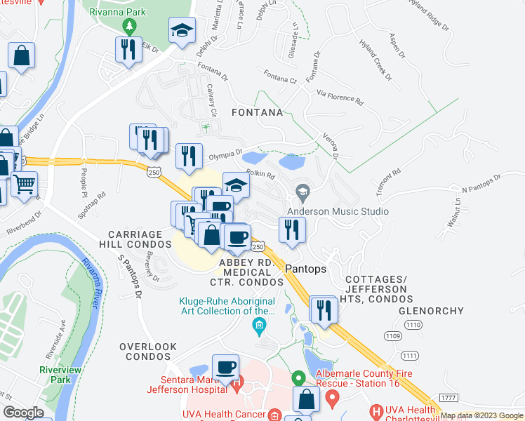 map of restaurants, bars, coffee shops, grocery stores, and more near 1545 Montessori Terrace in Charlottesville