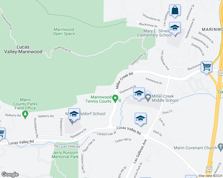 map of restaurants, bars, coffee shops, grocery stores, and more near 2258 Juniperberry Drive in San Rafael