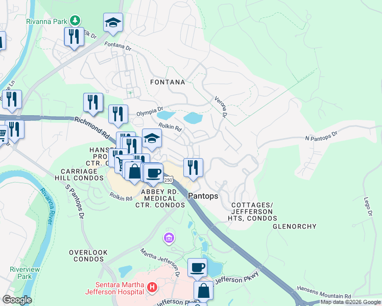 map of restaurants, bars, coffee shops, grocery stores, and more near 359 Rolkin Road in Charlottesville