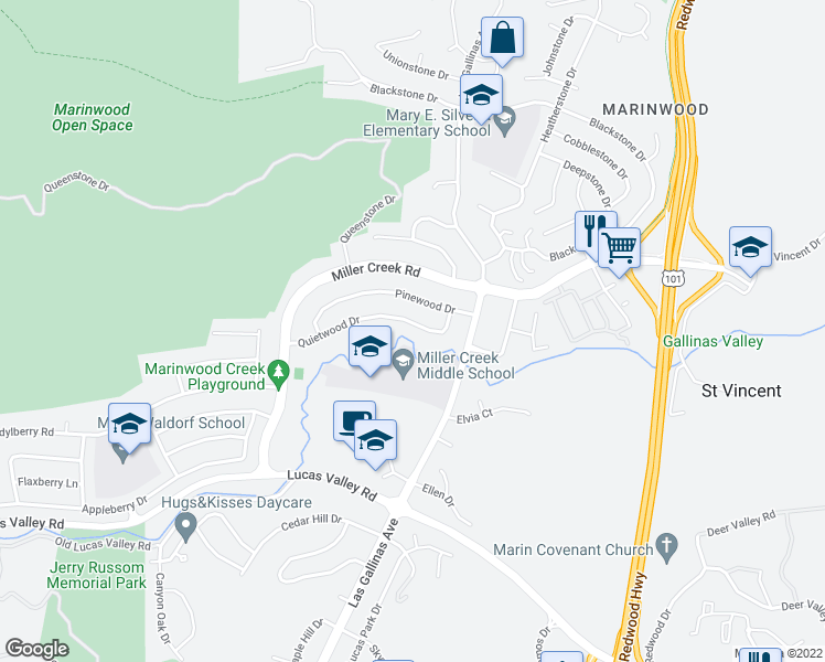 map of restaurants, bars, coffee shops, grocery stores, and more near 383 Quietwood Drive in San Rafael