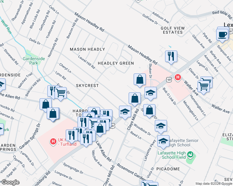 map of restaurants, bars, coffee shops, grocery stores, and more near 742 Della Drive in Lexington