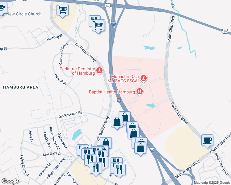 map of restaurants, bars, coffee shops, grocery stores, and more near Interstate 75 in Lexington