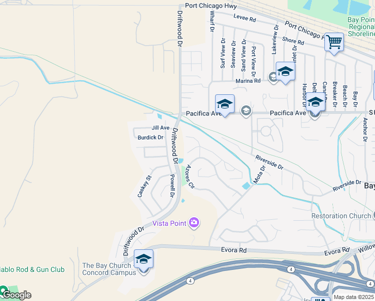 map of restaurants, bars, coffee shops, grocery stores, and more near 116 Wildes Court in Bay Point