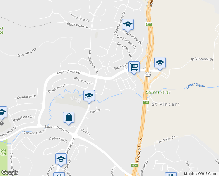 map of restaurants, bars, coffee shops, grocery stores, and more near 206 Roundtree Way in San Rafael