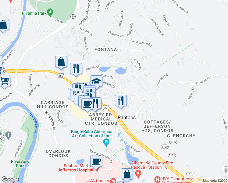 map of restaurants, bars, coffee shops, grocery stores, and more near 1526 Montessori Terrace in Charlottesville