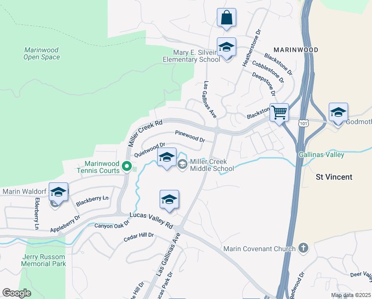 map of restaurants, bars, coffee shops, grocery stores, and more near 383 Quietwood Drive in San Rafael