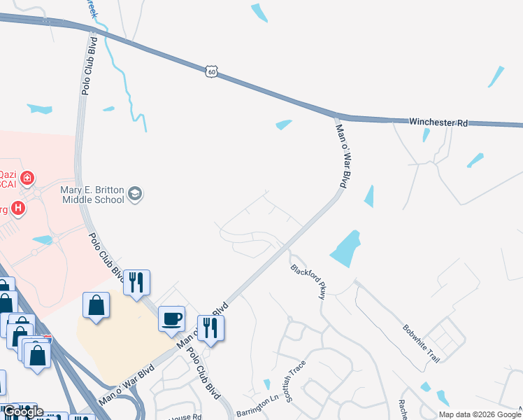 map of restaurants, bars, coffee shops, grocery stores, and more near 6479-6537 Man O War Boulevard in Lexington