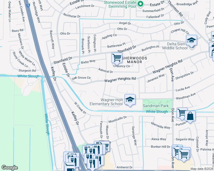 map of restaurants, bars, coffee shops, grocery stores, and more near 3110 Wagner Heights Road in Stockton