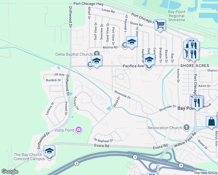 map of restaurants, bars, coffee shops, grocery stores, and more near 242 Riverside Drive in Bay Point