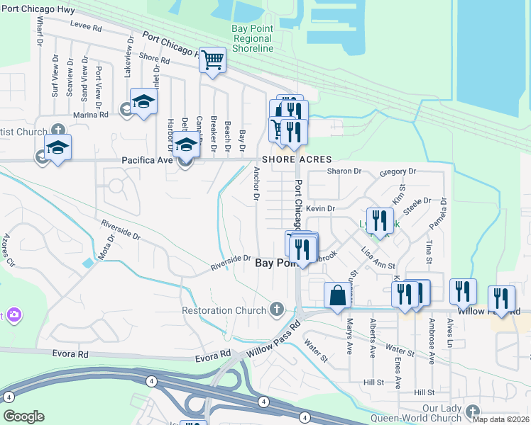 map of restaurants, bars, coffee shops, grocery stores, and more near 55 Pacifica Avenue in Bay Point