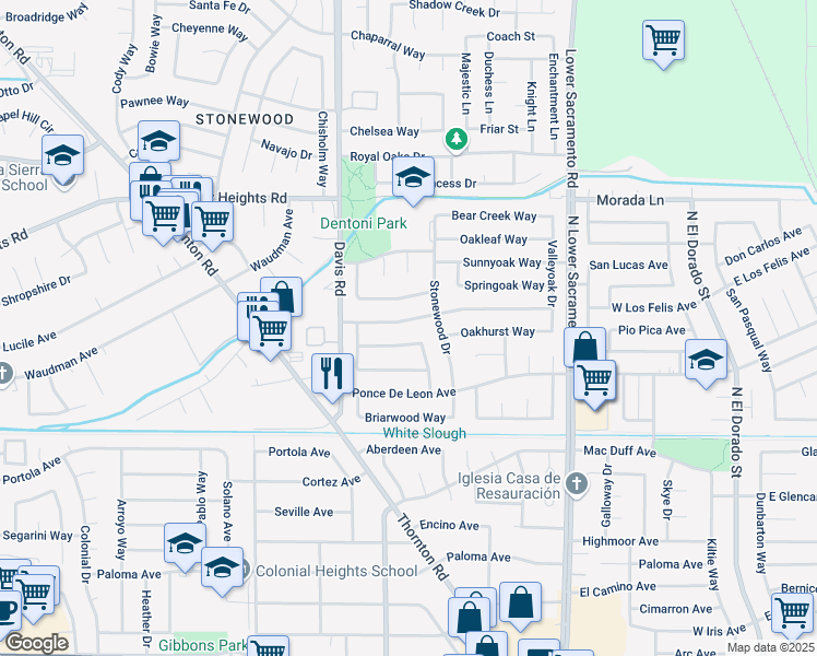 map of restaurants, bars, coffee shops, grocery stores, and more near 1306 Goldenoak Way in Stockton