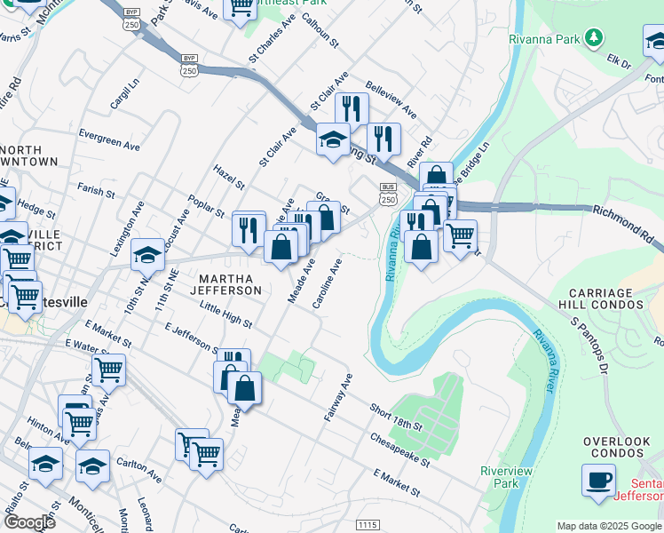 map of restaurants, bars, coffee shops, grocery stores, and more near 529 Caroline Avenue in Charlottesville