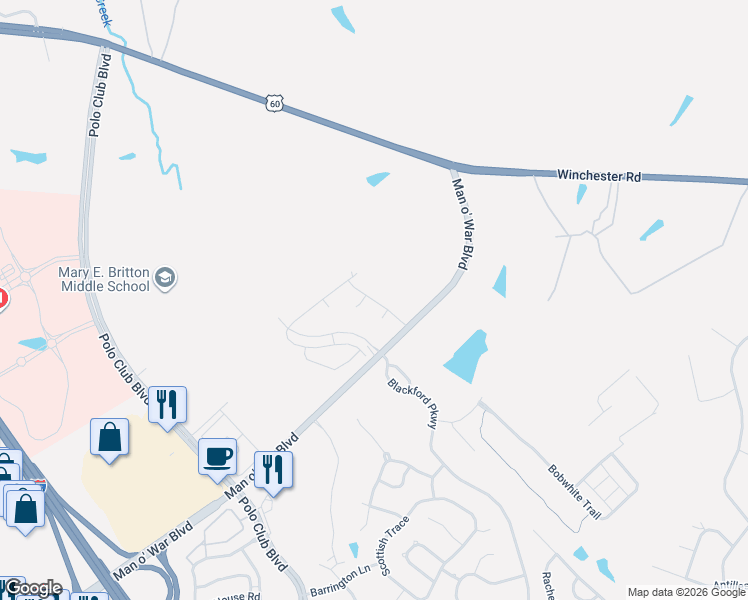 map of restaurants, bars, coffee shops, grocery stores, and more near 6539-6589 Man O War Boulevard in Lexington