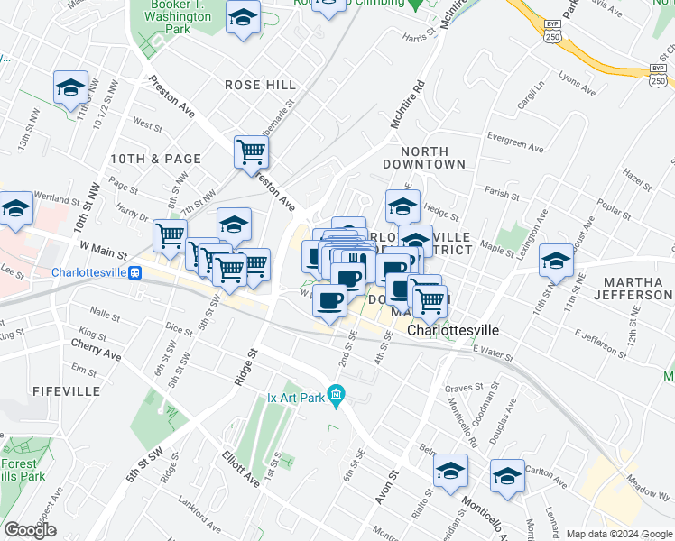 map of restaurants, bars, coffee shops, grocery stores, and more near 115 2nd Street Northwest in Charlottesville