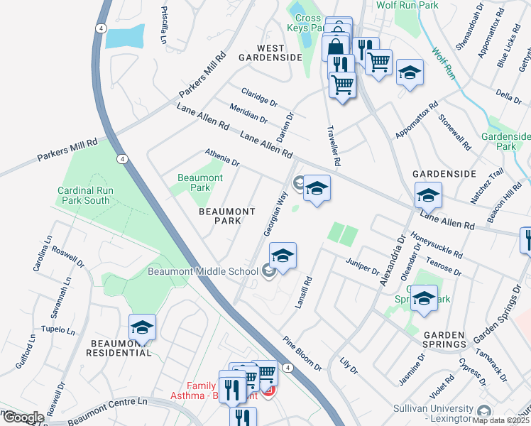 map of restaurants, bars, coffee shops, grocery stores, and more near 2079 Georgian Way in Lexington