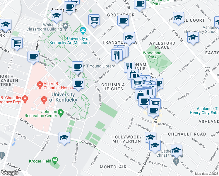 map of restaurants, bars, coffee shops, grocery stores, and more near 455 Oldham Avenue in Lexington
