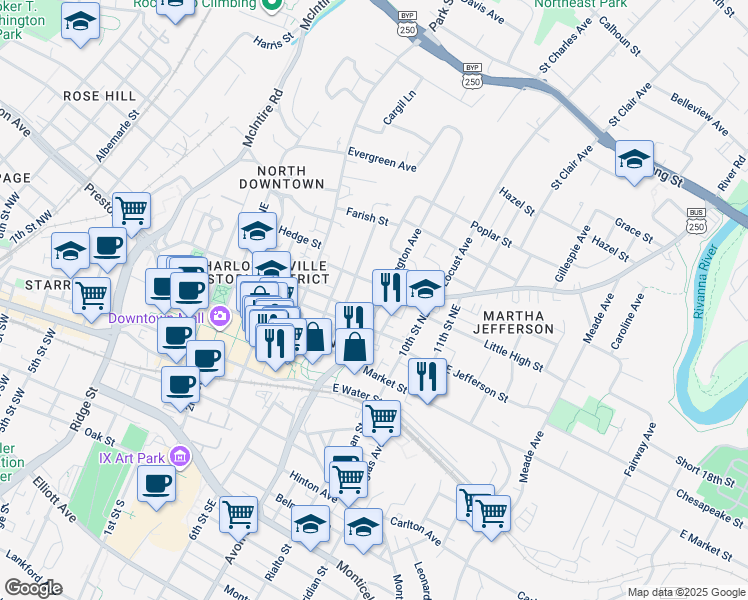 map of restaurants, bars, coffee shops, grocery stores, and more near 411 Lexington Avenue in Charlottesville