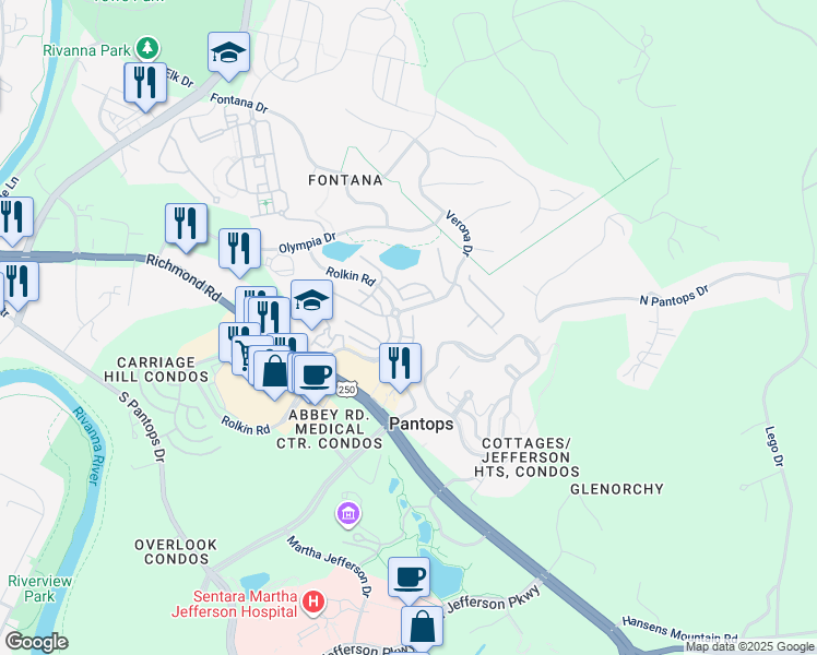 map of restaurants, bars, coffee shops, grocery stores, and more near 2157 Saranac Court in Charlottesville