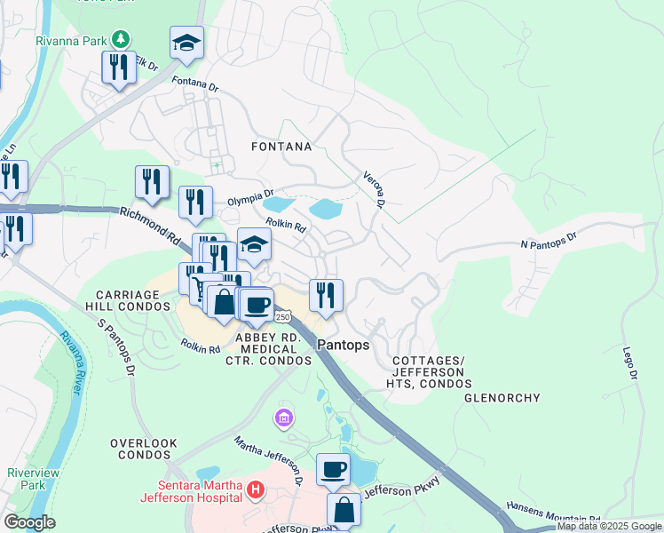 map of restaurants, bars, coffee shops, grocery stores, and more near 2157 Saranac Court in Charlottesville