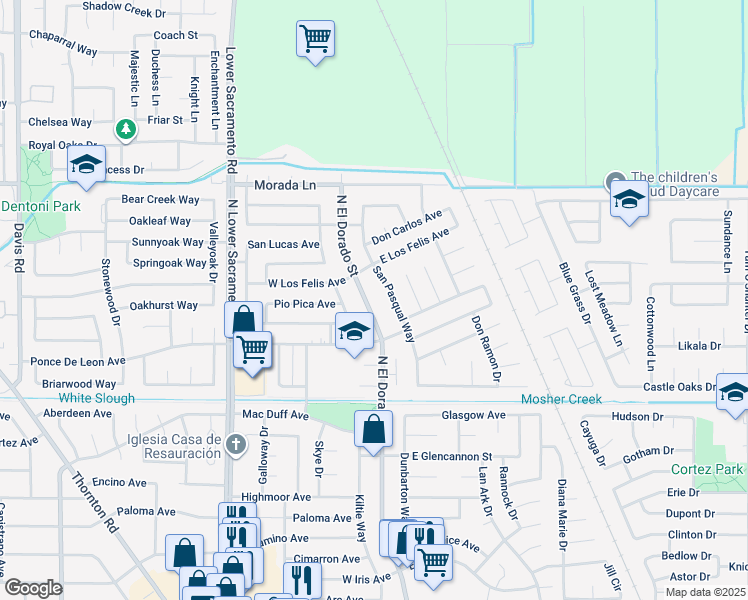 map of restaurants, bars, coffee shops, grocery stores, and more near 8817 North El Dorado Street in Stockton