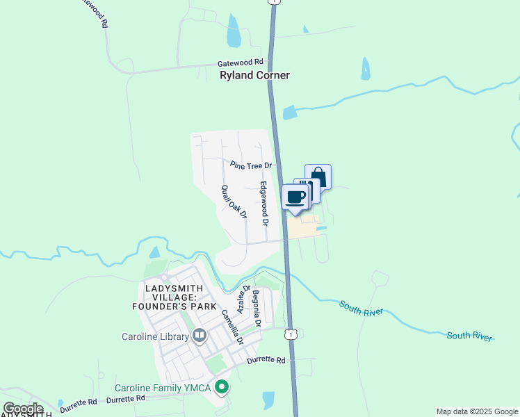 map of restaurants, bars, coffee shops, grocery stores, and more near 2512 Edgewood Drive in Ruther Glen