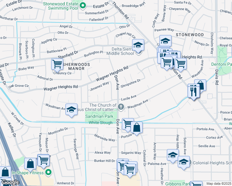 map of restaurants, bars, coffee shops, grocery stores, and more near 9023 Don Avenue in Stockton