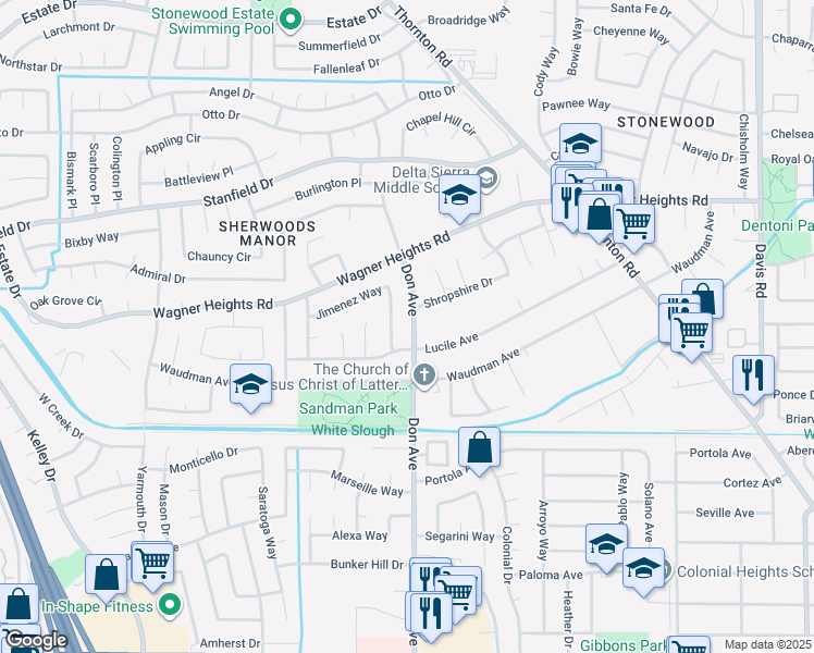 map of restaurants, bars, coffee shops, grocery stores, and more near 9023 Don Avenue in Stockton
