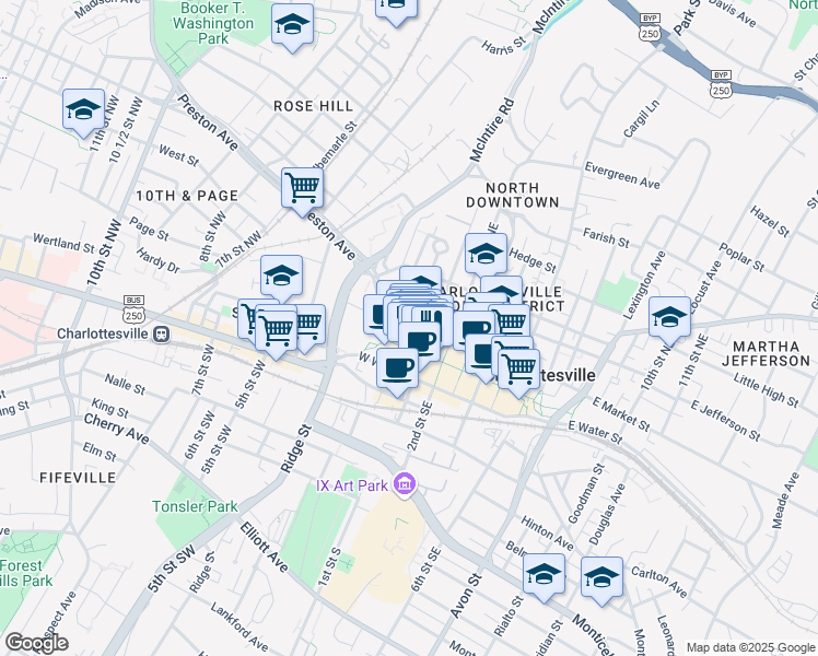 map of restaurants, bars, coffee shops, grocery stores, and more near 124 West Market Street in Charlottesville