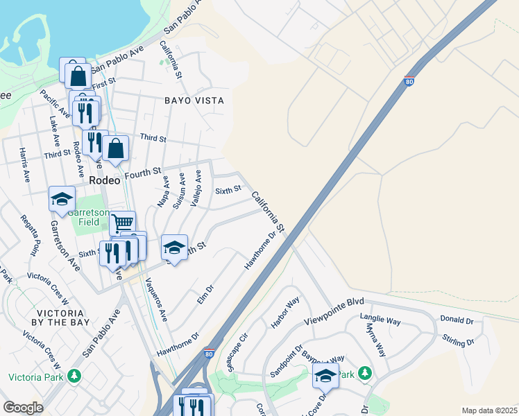 map of restaurants, bars, coffee shops, grocery stores, and more near 1385 Seventh Street in Rodeo