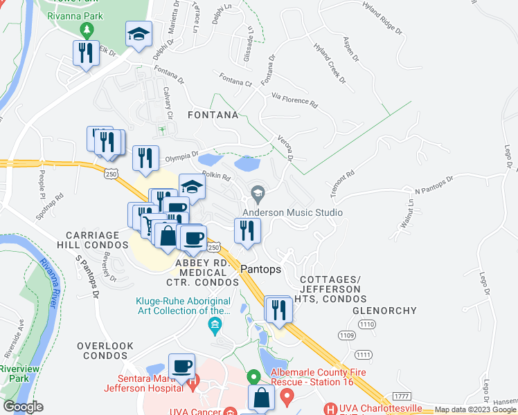 map of restaurants, bars, coffee shops, grocery stores, and more near 2162 Saranac Court in Charlottesville