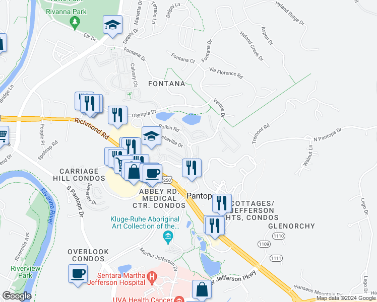 map of restaurants, bars, coffee shops, grocery stores, and more near 435 Rolkin Road in Charlottesville