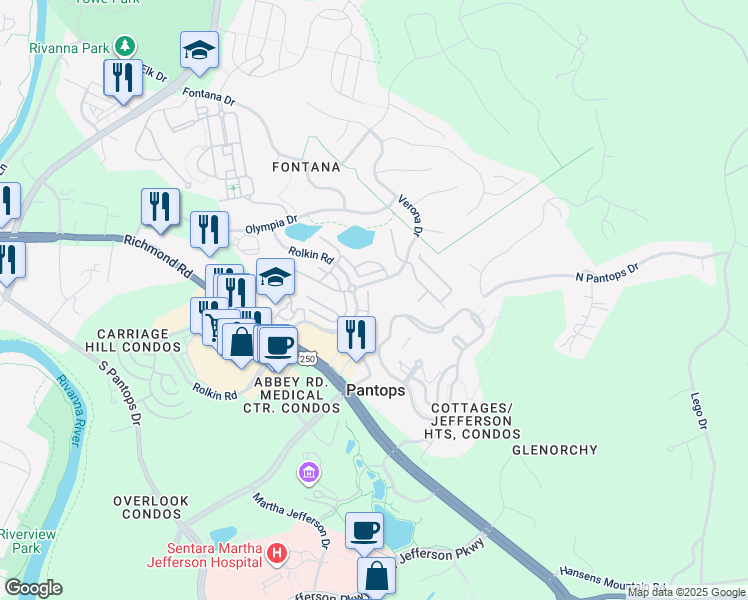 map of restaurants, bars, coffee shops, grocery stores, and more near 2162 Saranac Court in Charlottesville