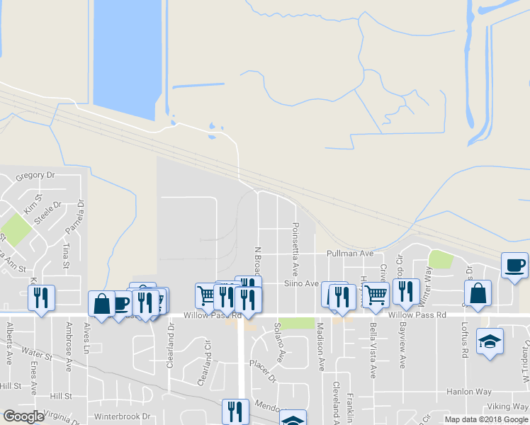 map of restaurants, bars, coffee shops, grocery stores, and more near 210 North Broadway Avenue in Bay Point